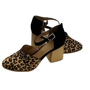 Anthropologie Calf Hair Leopard And Black Ankle Strap 3” Block Heels Size 7.5